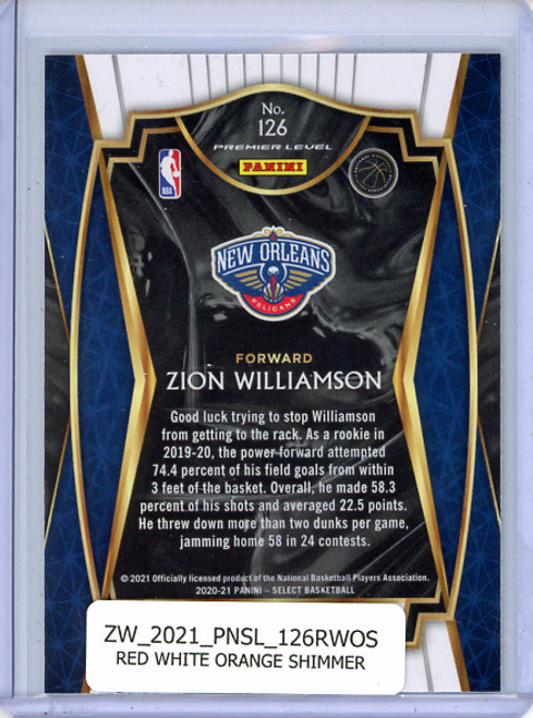 Zion Williamson 2020-21 Select #126 Premier Level Red White Orange Shimmer