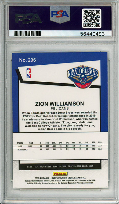 Zion Williamson 2019-20 Hoops Premium Stock #296 Hoops Tribute PSA 10 Gem Mint (#56440493)