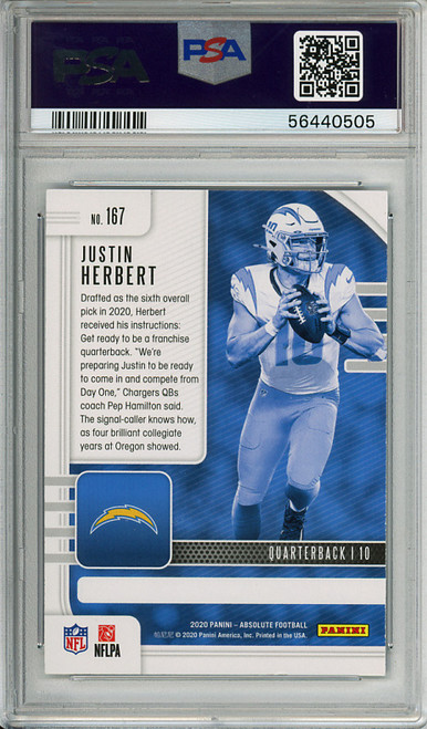 Justin Herbert 2020 Absolute #167 Green PSA 9 Mint (#56440505)