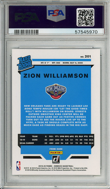 Zion Williamson 2019-20 Donruss #201 PSA 10 Gem Mint (#57545970)