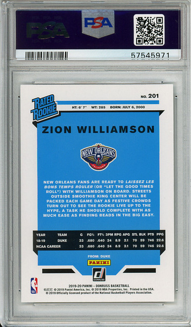 Zion Williamson 2019-20 Donruss #201 PSA 9 Mint (#57545971)