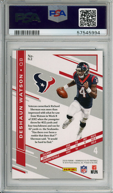 Deshaun Watson 2018 Donruss Elite #62 Red (#170/299) PSA 10 Gem Mint (#57545994)