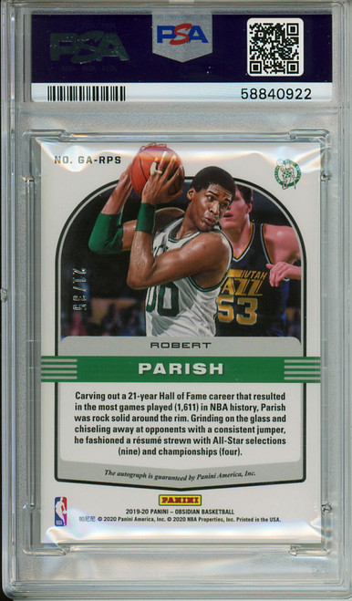 Robert Parish 2019-20 Obsidian, Galaxy Autographs #GA-RPS Electric Etch Orange (#21/35) PSA 10 Gem Mint (#58840922)