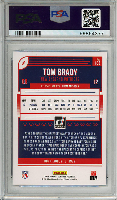 Tom Brady 2018 Donruss #183 Press Proof Blue PSA 9 Mint (#59864377)