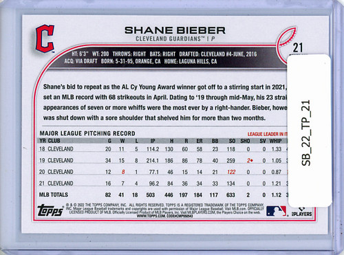 Shane Bieber 2022 Topps #21