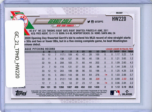 Gerrit Cole 2021 Topps Holiday #HW220