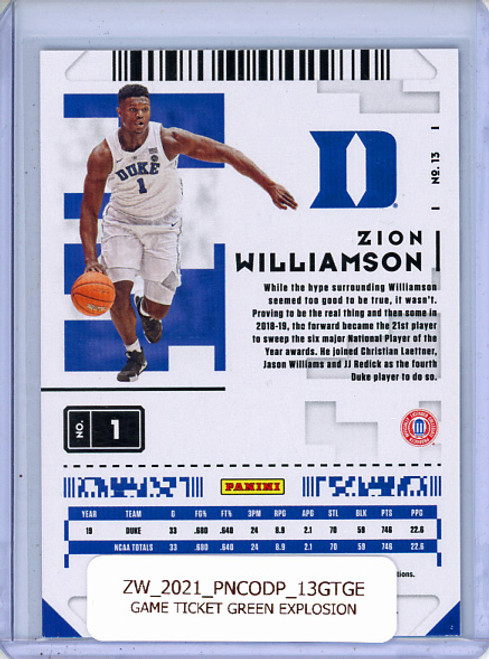 Zion Williamson 2020-21 Contenders Draft Picks #13 Game Ticket Green Explosion