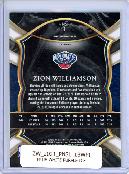 Zion Williamson 2020-21 Select #1 Concourse Blue White Purple Ice