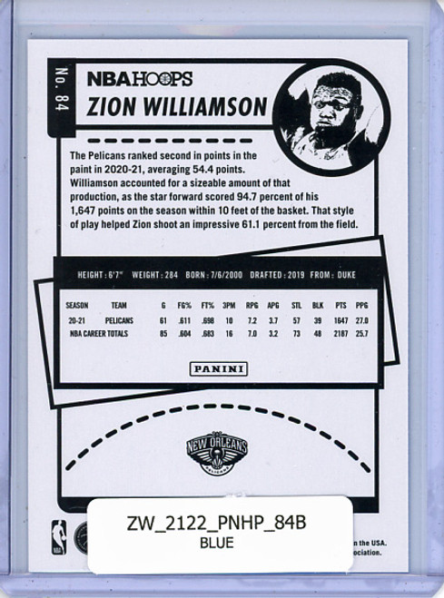 Zion Williamson 2021-22 Hoops #84 Blue