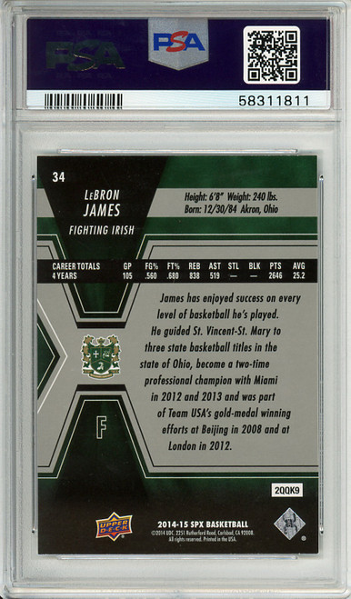 LeBron James 2014-15 SPx #34 PSA 8 Near Mint-Mint (#58311811)