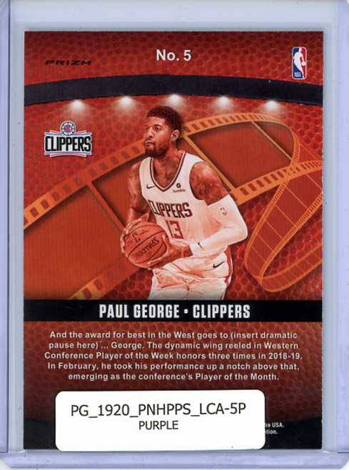 Paul George 2019-20 Hoops Premium Stock, Lights Camera Action #5 Purple