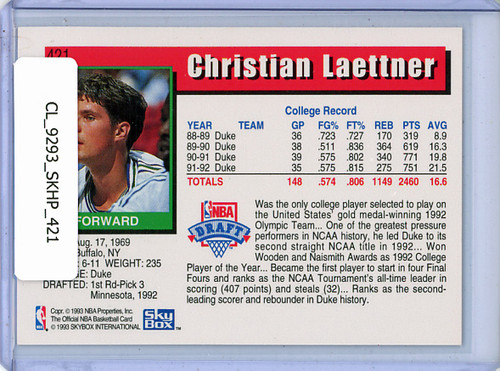 Christian Laettner 1992-93 Hoops #421