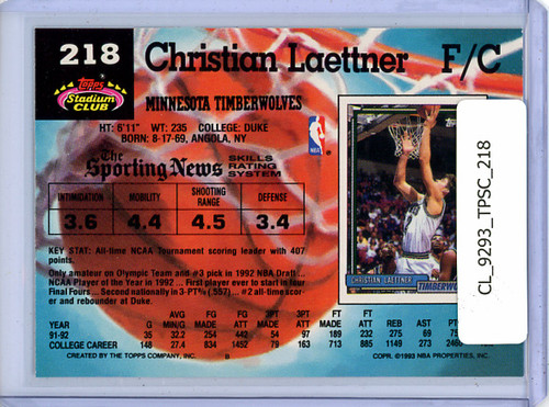 Christian Laettner 1992-93 Stadium Club #218