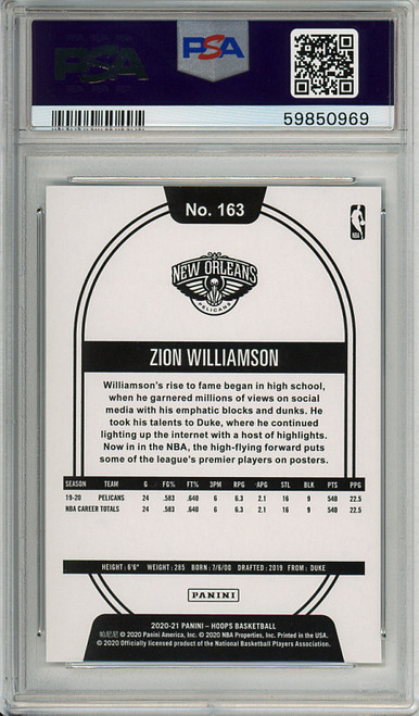 Zion Williamson 2020-21 Hoops #163 PSA 10 Gem Mint (#59850969)