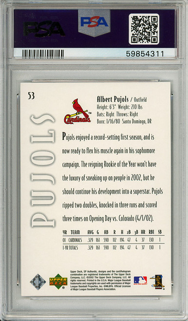 Albert Pujols 2002 SP Authentic #53 PSA 10 Gem Mint (#59854311)