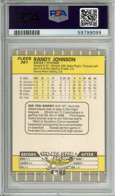 Randy Johnson 1989 Fleer #381 Marlboro Ad Completely Blacked Out PSA 7 Near Mint (#59799099)