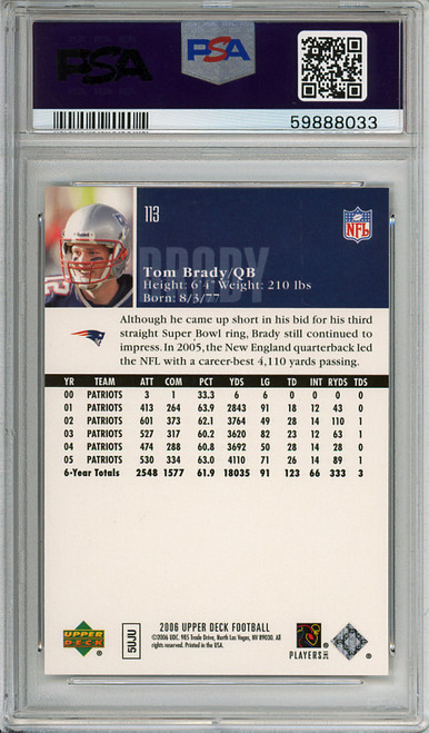 Tom Brady 2006 Upper Deck #113 PSA 9 Mint (#59888033)