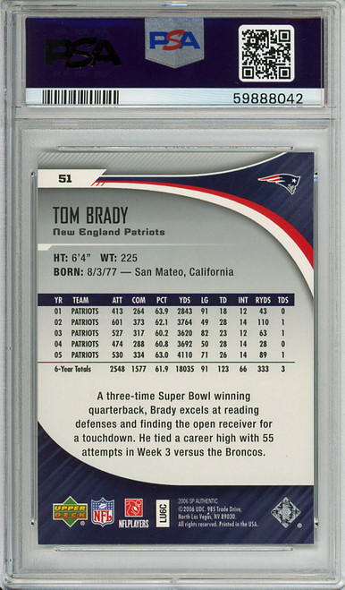 Tom Brady 2006 SP Authentic #51 PSA 9 Mint (#59888042)