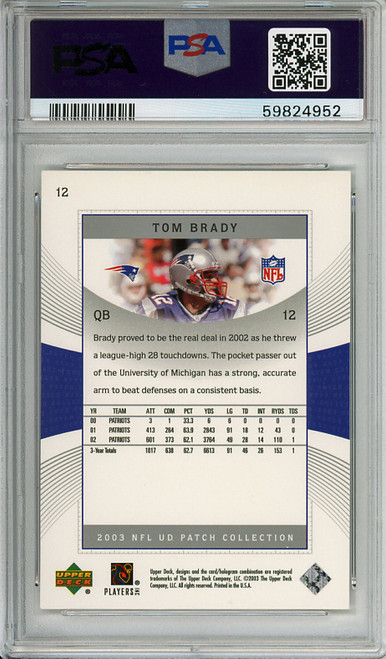 Tom Brady 2003 UD Patch Collection #12 PSA 10 Gem Mint (#59824952)