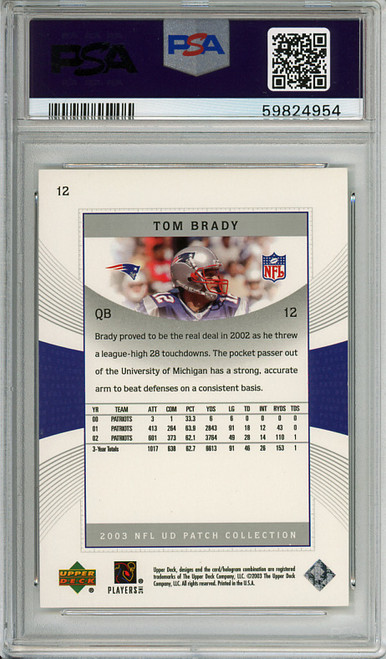 Tom Brady 2003 UD Patch Collection #12 PSA 10 Gem Mint (#59824954)