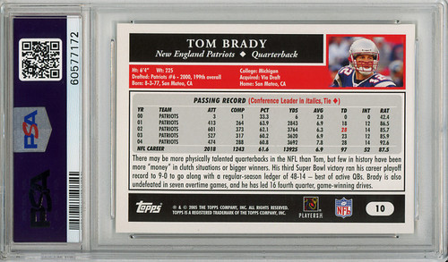 Tom Brady 2005 Topps #10 PSA 10 Gem Mint (#60577172)