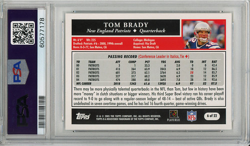 Tom Brady 2005 Topps, Turn Back the Clock #6 PSA 10 Gem Mint (#60577178)