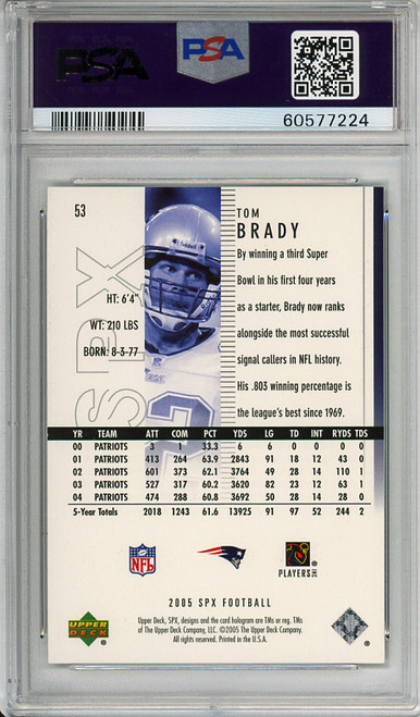 Tom Brady 2005 SPx #53 PSA 8 Near Mint-Mint (#60577224)