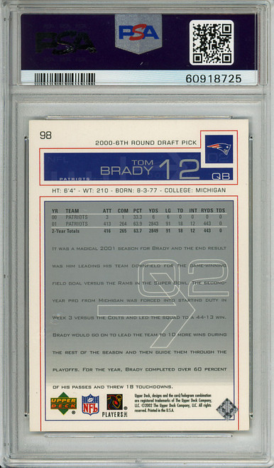 Tom Brady 2002 Upper Deck #98 PSA 9 Mint (#60918725)
