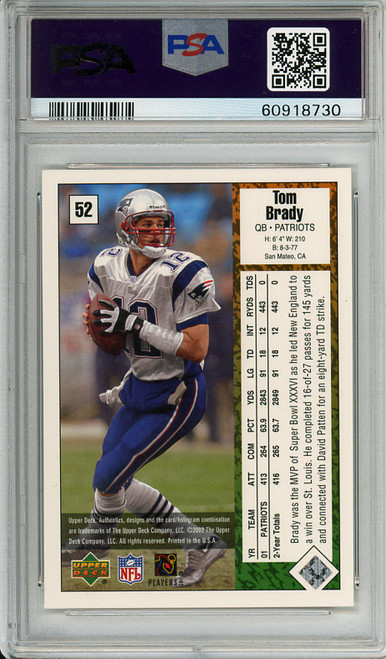 Tom Brady 2002 UD Authentics #52 PSA 9 Mint (#60918730)