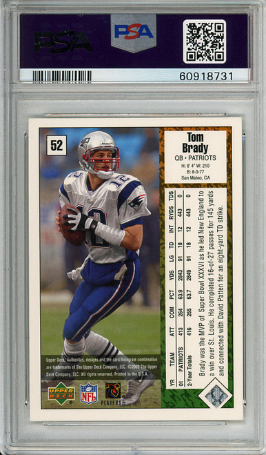 Tom Brady 2002 UD Authentics #52 PSA 9 Mint (#60918731)
