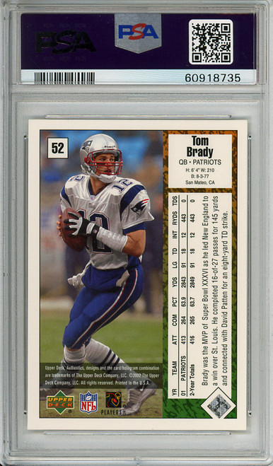 Tom Brady 2002 UD Authentics #52 PSA 9 Mint (#60918735)
