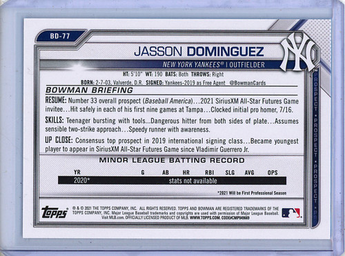 Jasson Dominguez 2021 Bowman Draft #BD-77 Sky Blue (#309/499)