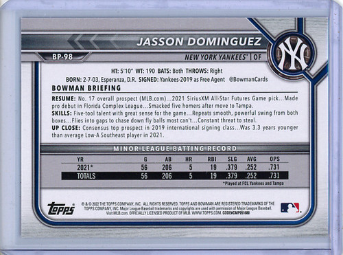 Jasson Dominguez 2022 Bowman Prospects #BP-98 Purple (#225/250)