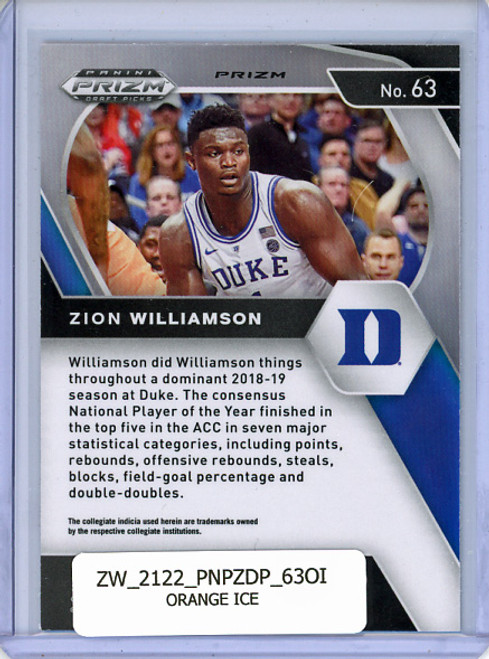 Zion Williamson 2021-22 Prizm Draft Picks #63 Orange Ice