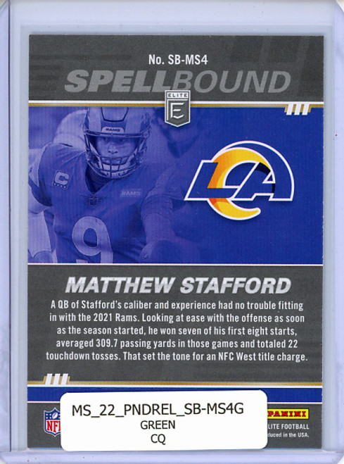 Matthew Stafford 2022 Donruss Elite, Spellbound #SB-MS4 "F" Green (CQ)