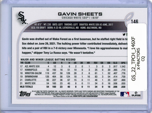 Gavin Sheets 2022 Topps Chrome #146 X-Fractors (CQ)