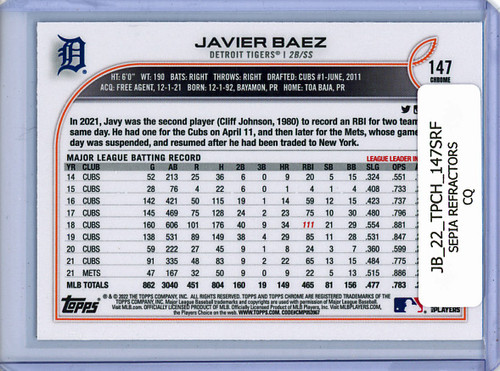 Javier Baez 2022 Topps Chrome #147 Sepia Refractors (CQ)