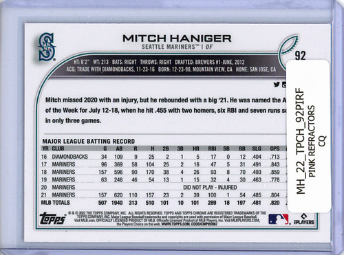 Mitch Haniger 2022 Topps Chrome #92 Pink Refractors (CQ)