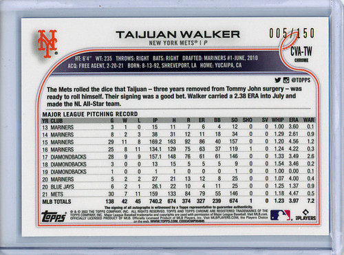 Taijuan Walker 2022 Topps Chrome, Veteran Autographs #CVA-TW Blue Refractors (#005/150) (CQ)