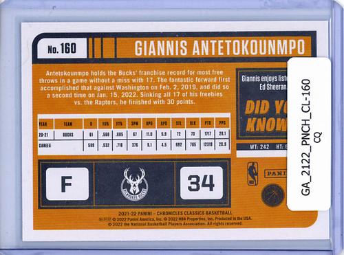 Giannis Antetokounmpo 2021-22 Chronicles, Classics #160 (CQ)