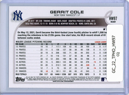 Gerrit Cole 2022 Topps Holiday #HW97 (CQ)