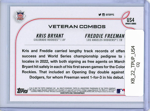 Kris Bryant, Freddie Freeman 2022 Topps Update #US4 Veteran Combos (CQ)