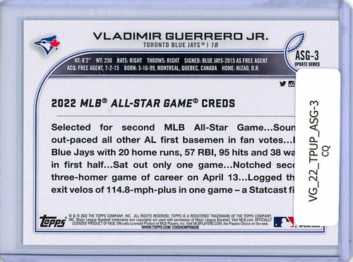 Vladimir Guerrero Jr. 2022 Topps Update, All Star Game #ASG-3 (CQ)