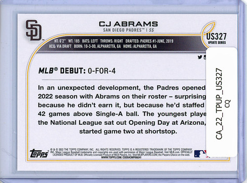 CJ Abrams 2022 Topps Update #US327 Rookie Debut (CQ)