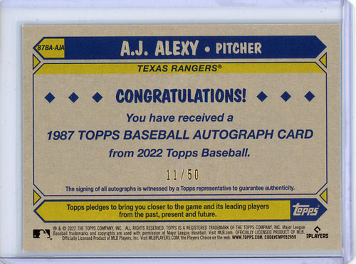 A.J. Alexy 2022 Topps Update, 1987 Topps Autographs #87BA-AJA Gold (#11/50) (CQ)