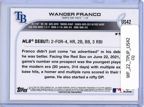 Wander Franco 2022 Topps Update #US42 Rookie Debut (CQ)