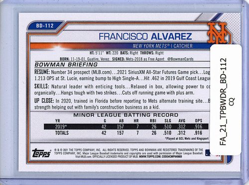 Francisco Alvarez 2021 Bowman Draft #BD-112 (CQ)