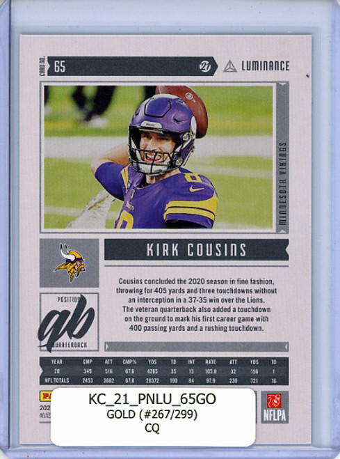 Kirk Cousins 2021 Luminance #65 Gold (#267/299) (CQ)