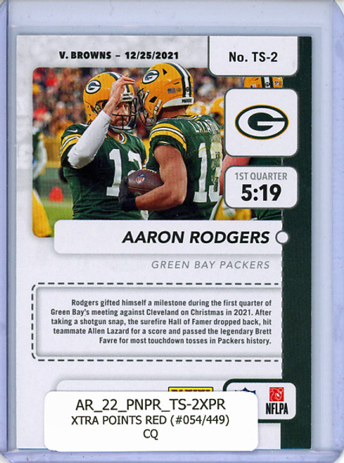 Aaron Rodgers 2022 Prestige, Time Stamped #TS-2 Xtra Points Red (#054/449) (CQ)