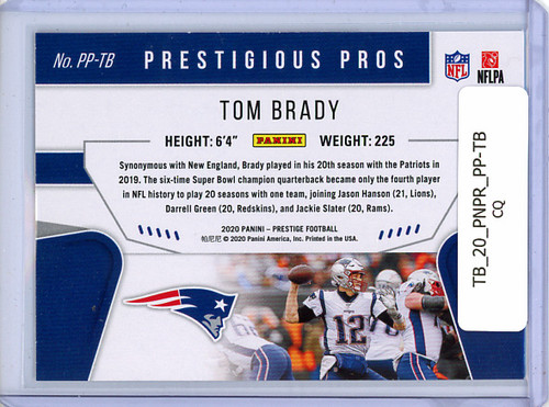 Tom Brady 2020 Prestige, Prestigious Pros #PP-TB (CQ)